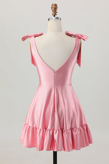Blush Pink A Line V-Neck Satin Cocktail Dress with Bows